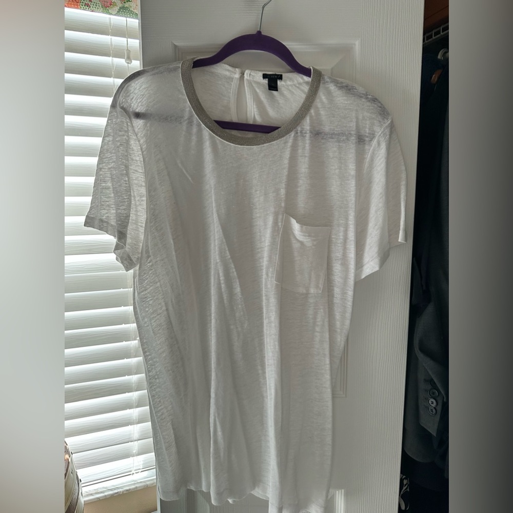 J Crew Sheer T with silver beaded collar